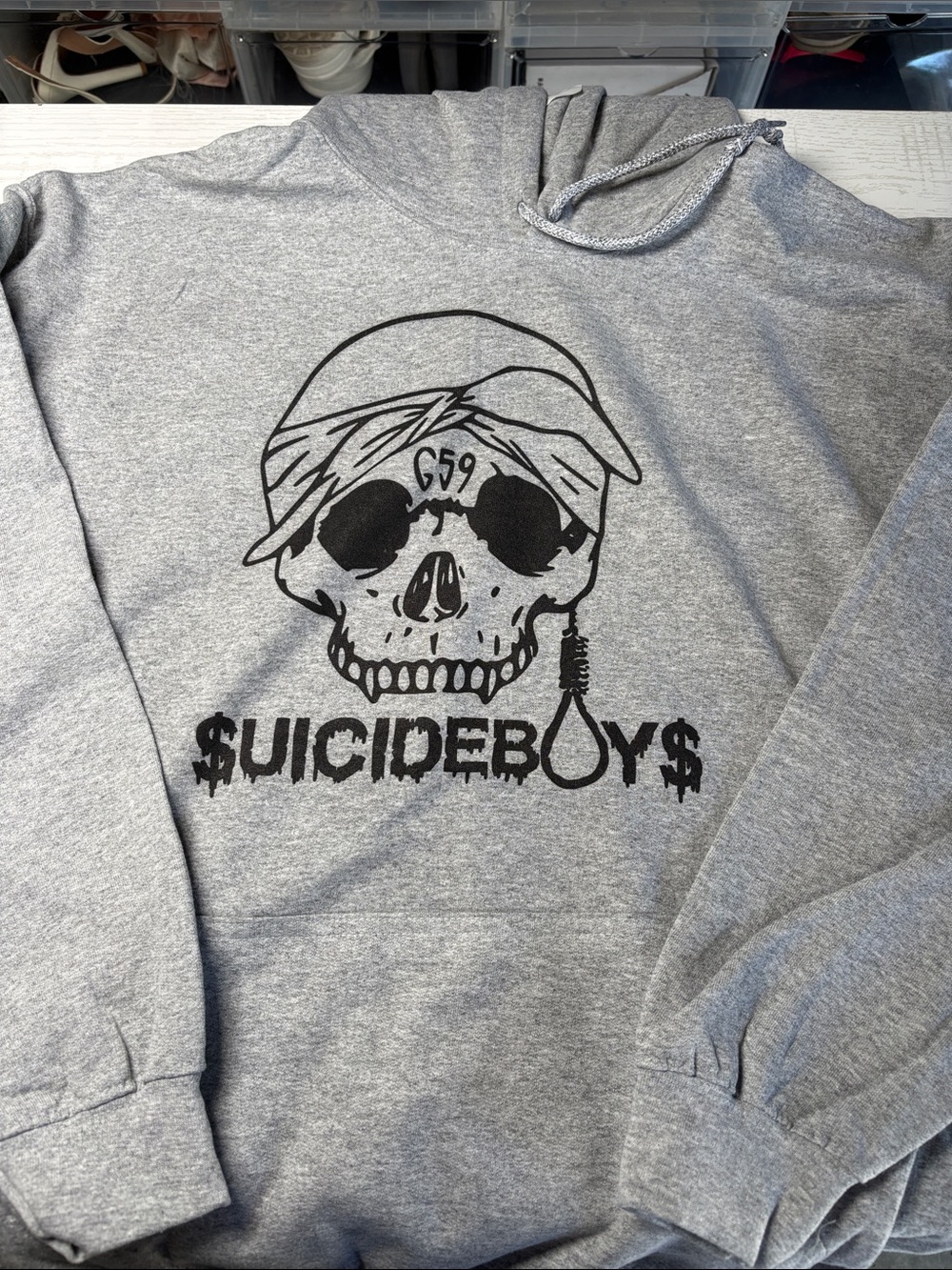 Gildan Grey Hoodie with Black Skull Graphic